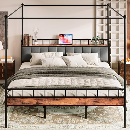 King Canopy Bed Frame, Storage Headboard with Charging Station, view 2