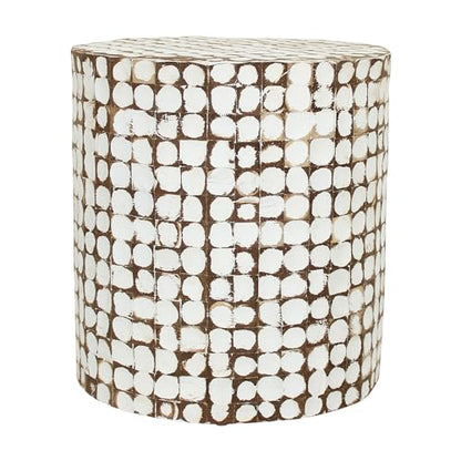 Boho Side Table Nightstand – White Coconut Shell End Table, Handcrafted Accent Furniture for Living Room, Bedroom, or Entryway – Rustic Coastal Decor, No Assembly Needed