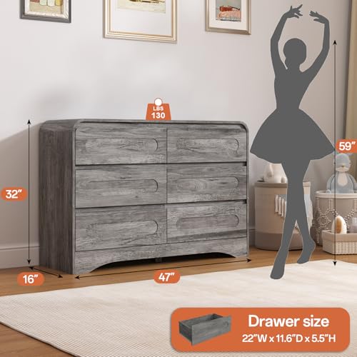 3 Piece Bedroom Set, Dresser and Nightstand Sets for Bedroom, Wood 6 Drawer Dresser & Night Stand Set of 2, Wide Chest of Drawers Modern Storage Cabinet Bedroom Furniture Set, Grey