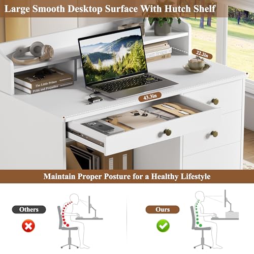 Computer Desk with Drawers and Hutch Shelf, Wood Executive Desk Writing Study Table with 43” Wide Tabletop, Small Desk with File Drawer for Home Office Bedroom, White