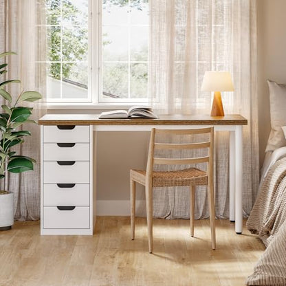 Computer Desk with 5 Drawers, 47 Inch Modern Simple Study Writing Desk with Metal Frame, Work Desk for Home Office, Rustic Brown and White