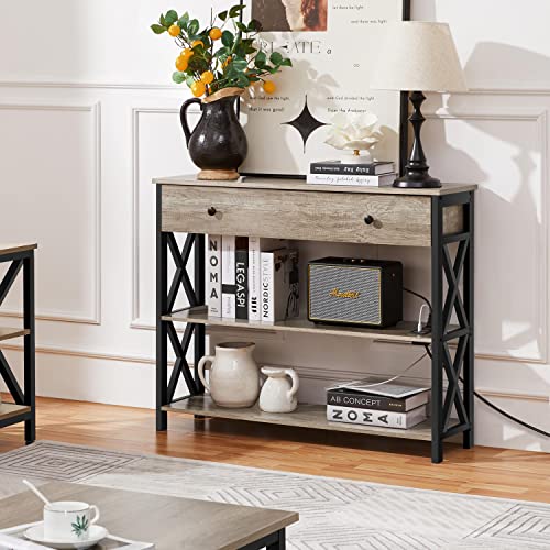 Yaheetech Console Table with Power Outlets and USB Ports, Wooden Entryway Table with Drawer and Open Shelves, Narrow Sofa Tables with Metal Frame for Living Room, Couch, Hallway, Grey