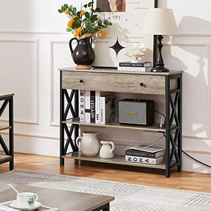 Yaheetech Console Table with Power Outlets and USB Ports, Wooden Entryway Table with Drawer and Open Shelves, Narrow Sofa Tables with Metal Frame for Living Room, Couch, Hallway, Grey