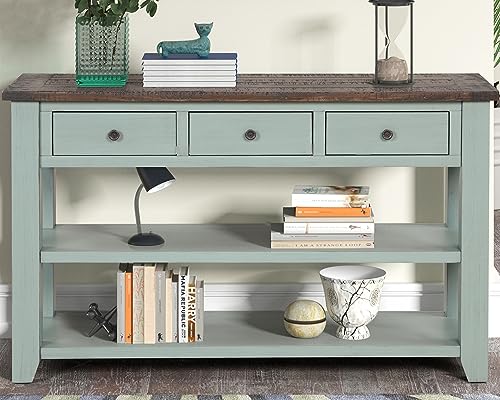 Real Wood Console Table with Storage Drawers,Sofa Table for Entryway | 48.8 Inch Solid Wood Farmhouse Entryway Table;Sofa Table,Rustic Entry Table for Hallway Living Room;Green;Easy Assembly