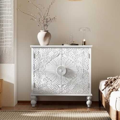 Solid Wood Buffet Cabinet, Accent Cabinet, 2 Carved Doors, White, view 8