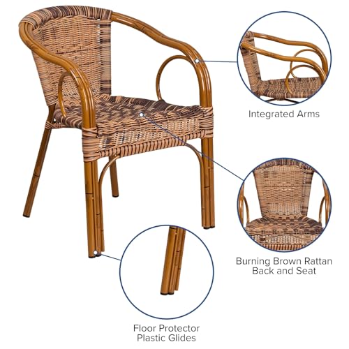 Cadiz Series Dark Red Bamboo-Aluminum Indoor-Outdoor Restaurant-Patio Chair with Burning Brown Rattan