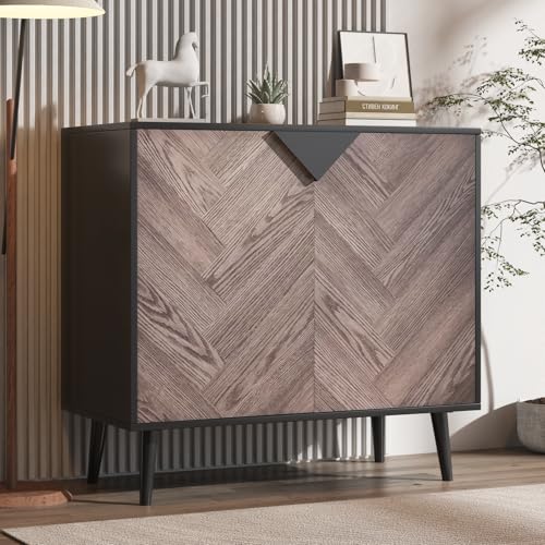 Wood Finish Storage Free Standing Accent Cabinet, Buffet Cabinet with Doors, Sideboard Table with Storage for Dining Room, Entryway, Black+Grey, 15.8" D x 31.5" W x 29.3" H