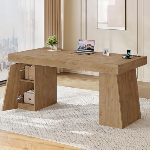 55.9 in Executive Desk with Power Outlets, Modern Home Office Desk with Storage Cabinet, Wood Computer Desk Business Workstation Desk Conference Table, Oak (Storage Cabinet)