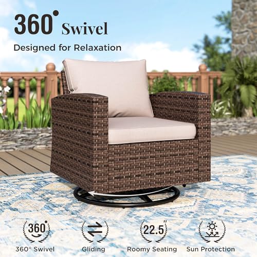Swivel Glider Patio Furniture Set, 5 Pcs Wicker Rattan Outdoor Conversation Set, 2 x Swivel Chairs, 1 x 3 Seater Sofa and 2 x Ottoman with 4" Thick Cushion, Beige