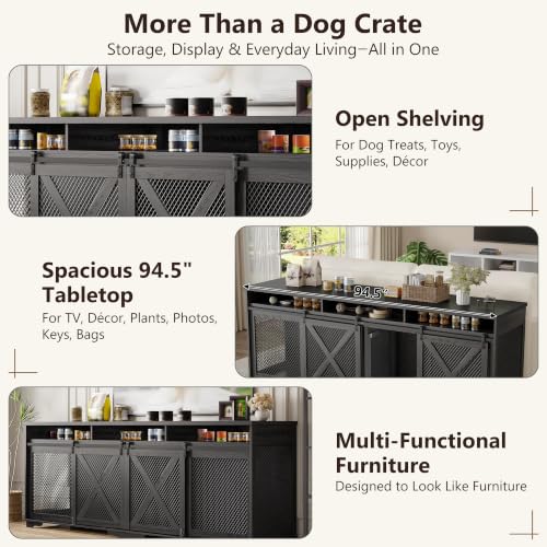 94.5'' XXXL Double Dog Crate Furniture, Wooden Dog Furniture Crate, Black, view 4
