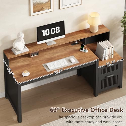 63" Fluted Computer Desk with Drawers & Printer Stand for Home Office, view 5