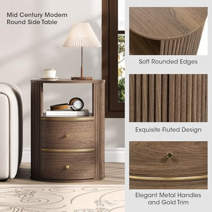 Walnut Round End Table with Storage, Open Shelf and 2 Drawers | 24" Tall Sofa Side Table, Mid Century Modern Nightstand for Living Room, Bedroom, Beside Sofa, Accent Piece, Easy Assembly