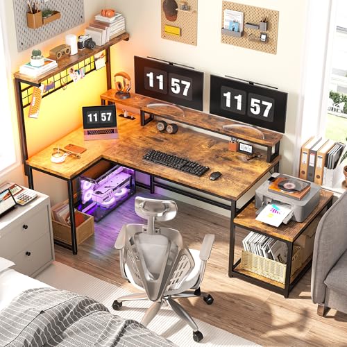56" L Shaped Desk with Power Outlets & LED Lights for Bedroom,Brown, view 4