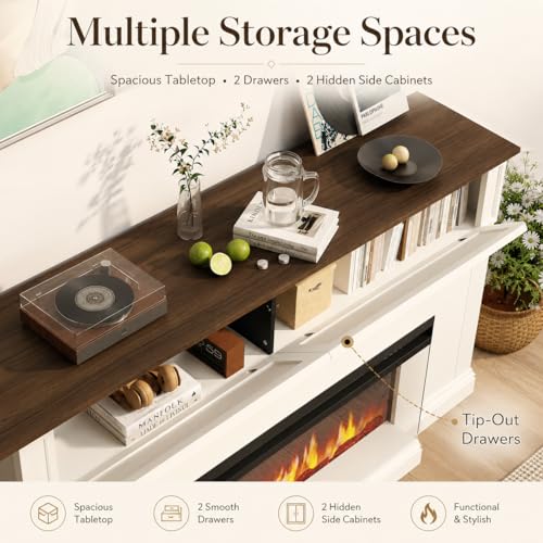 63“ Fireplace TV Stand with 3-Sided Electric Fireplace,Antique White, view 5
