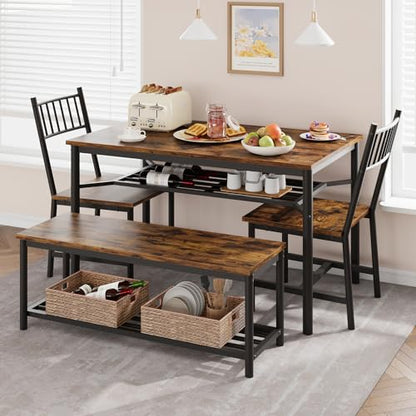 Dining Table Set for 4, Kitchen Table and Chairs for 4 with Wine Rack, Rectangular Dining Room Table Set with Bench, 4 Piece Dining Table Set for Small Space, Apartment, Retro Brown