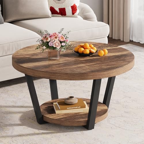 32'' Round Coffee Table with Storage for Living Room Rustic Brown | living room furniture small coffee table mesa de centro para sala accent table round wood coffee table