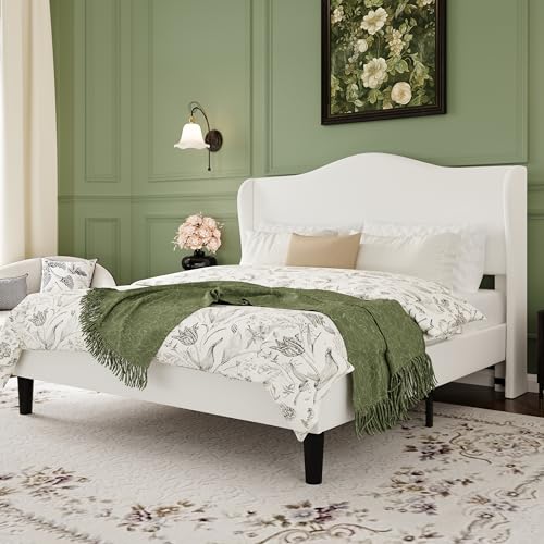 Queen Size Bed Frame with Curved Wingback Headboard,Soft White, view 4