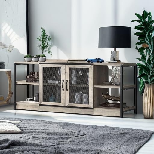 TV Stand for 65+ Inch TV, Industrial Entertainment Center TV Media Console Table, Farmhouse TV Stand with Storage, Mesh Door and Shelves, Gray TV Console Cabinet Furniture for Living Room
