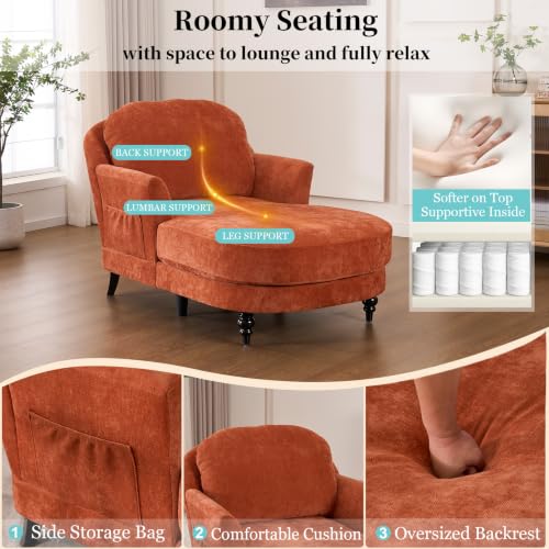 59.8” Chaise Lounge Chair Indoor, Oversized Reading Armchair, Orange, view 5