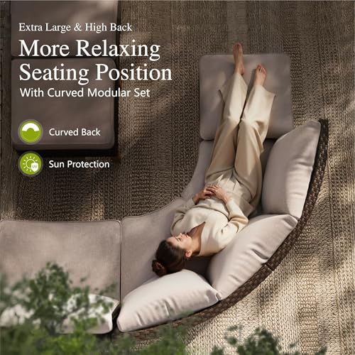 Half Moon Patio Furniture Set 7 Piece Outdoor Sectional Sofa Set, Wicker Patio Conversation Set with 2 Curved Sofa, 1 Armless Chairs, 2 Ottoman for Pool, Deck, Lawn (Beige)
