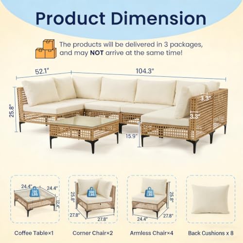 7 PCs Outdoor Patio Furniture All Weather Wicker Rattan Sectional Conversation Sofa Set w/Water Resistant Cushions, Coffee Table for Paito, Lawn, Garden, Beige