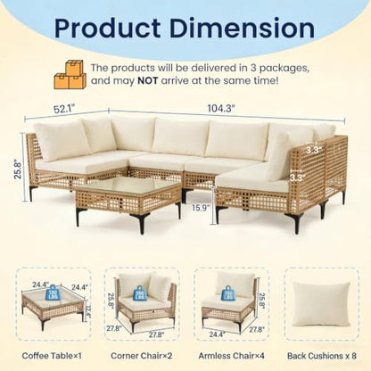 7 PCs Outdoor Patio Furniture All Weather Wicker Rattan Sectional Conversation Sofa Set w/Water Resistant Cushions, Coffee Table for Paito, Lawn, Garden, Beige