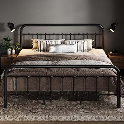 King Metal Bed Frame with Victorian Iron-Art Headboard, Black, view 2