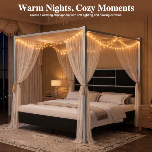 Queen Canopy Bed Frame, Velvet Upholstered with Silver Trim, Black, view 7
