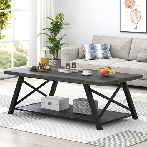 Coffee Table, Industrial Wood and Metal Center Table for Living Room, Rectangle Cocktail Tea Table with Storage Shelf, Rustic Grey, 47 Inch