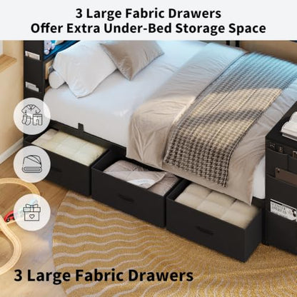 Full Corner Bed Frame with Bookcase Headboard and Hidden Storage, Black, view 8