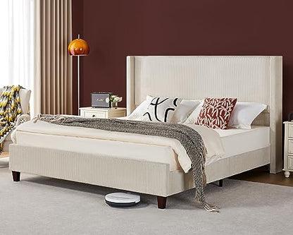 Queen Size Platform Bed Frame, 50.8" Corduroy Upholstered Bed with Vertical Channel Tufted Headboard/Wooden Slats/Wingback/No Box Spring Required/Beige