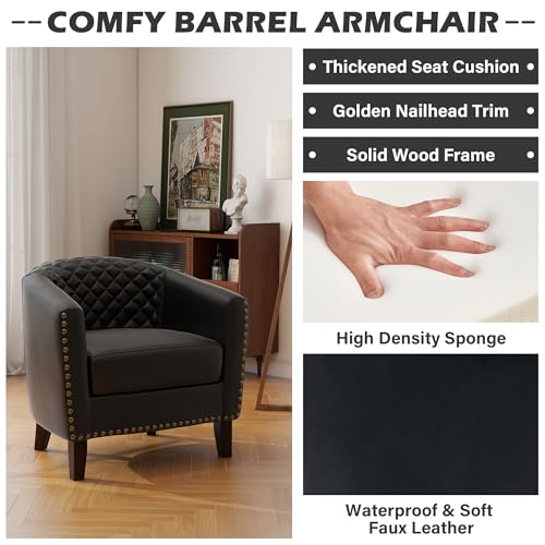 PU Leather Accent Chair, Barrel Club Chair Modern Upholstered Armchair for Living Room, Comfy Nailed Trim Arm Chair Bedroom Reading Seat, Black