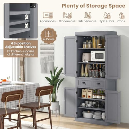 72" H Kitchen Pantry Cupboard Cabinet, Traditional Freestanding Large Tall Storage Cabinet with 2 Cabinets and Drawer, Adjustable Shelves, for Living Room Kitchen, 30 x 16 x 72 Inch