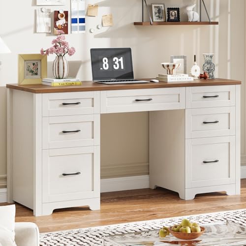 Farmhouse 61'' Executive Desk with 7 Drawers, Rustic Office Desk Computer Table with File Drawers, Wood Workstation for Home Office and Study,Unique White