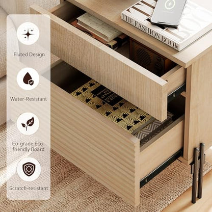3 Pieces Bedroom Set, Fluted Storage Cabinet and Set of 2 Night Stands with Charging Station for Bedroom, Wood Dresser and Nightstand Set of 2, Wide Storage Organizer Cabinet for Bedroom, Beige