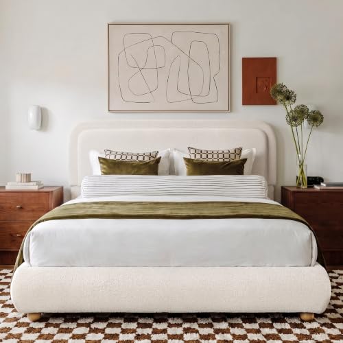 Boucle Cloud Queen Bed Frame with Headboard, Solid Wood Legs, Creamy, view 2