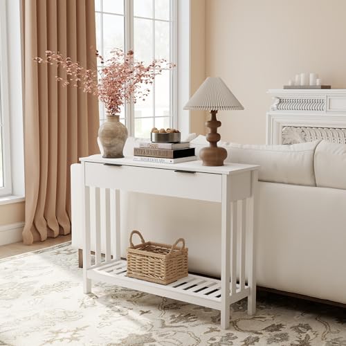 White Narrow Console Table with Drawer Storage Shelf, Modern Wooden Entryway Sofa Table, 39 Inch Slim Behind Couch Table, Side Display Console Table for Living Room,Office,White