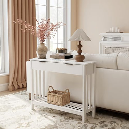 White Narrow Console Table with Drawer Storage Shelf, Modern Wooden Entryway Sofa Table, 39 Inch Slim Behind Couch Table, Side Display Console Table for Living Room,Office,White