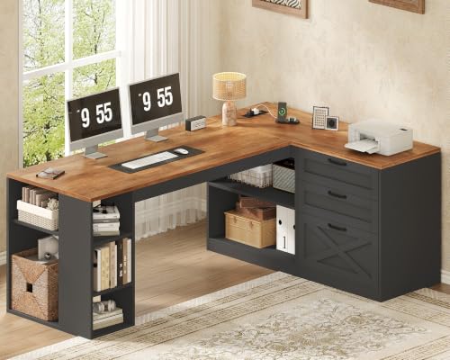 Farmhouse L Shaped Computer Desk with Drawers, Power Outlet for Home Office, view 4
