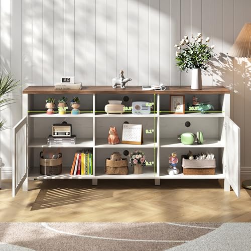 Farmhouse White TV Stand with Grille Doors, 5 Open Storage Compartments, view 7