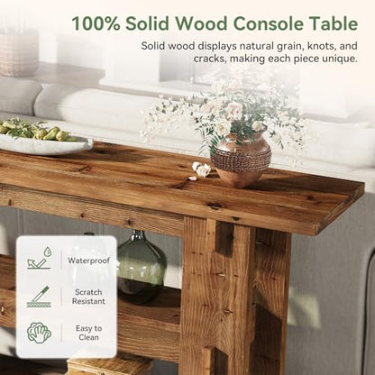 63-Inch Solid Wood Console Table, Farmhouse Sofa Table Behind Couch with Storage Shelves, Entryway Furniture for Living Room, Hallway, Foyer, Rustic Brown