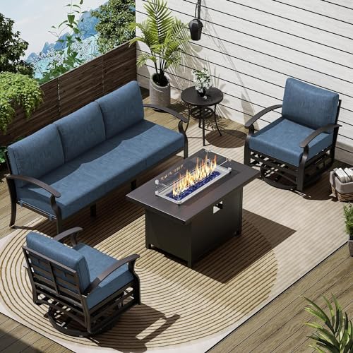 Patio Furniture Set 5-Piece Aluminum Armrest Sofa, Modern Outdoor Living Room Set with 55000 BTU Propane Aluminum Fireplace, Outdoor Rotary Joystick with Thick Cushion