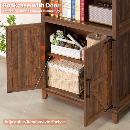 Farmhouse 70in Tall Bookshelf 5 Tier Bookcase, Barn Doors, Brown, view 6
