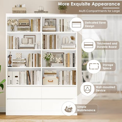 71" White Bookshelf with Drawers, 6-Tier Double Wide Bookshelves and Bookcases with Storage, Tall Bookshelf Large Open Book Shelf Standing Book Case for Home Office, White