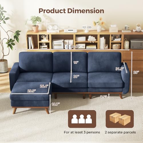 97" Modular Sectional Sofa Dark Blue, L-Shaped Couch with Movable Ottoman, Comfy Corduroy Couch with Spring Cushion, Modular Sofa with Deep Seat for Living Room, Bedroom and Apartment