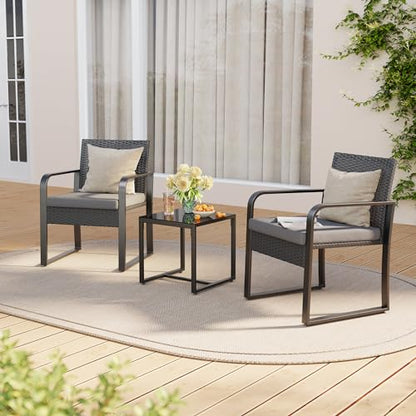 3 Piece Patio Bistro Set, Outdoor Black Wicker Furniture Sets, Modern Rattan Chair Conversation Sets with Coffee Table, for Yard, Garden, Balcony, Poolside, Cushion-Grey