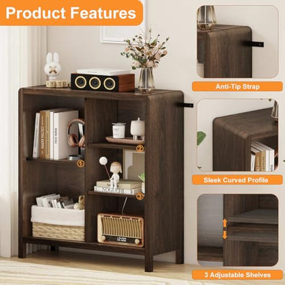 5 Cube Bookshelf, Wood Bookcase with 3 Adjustable Shelves, Farmhouse Cube Storage Organizer Shelf for Small Space Bedroom Living Room (Dark Walnut)