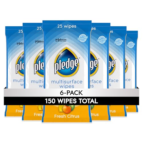 Pledge Multi-Surface Furniture Polish Wipes, Works on Wood, Granite, and Leather, Cleans and Protects, Fresh Citrus - Pack of 6 (150 Total Wipes)
