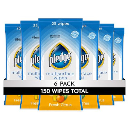 Pledge Multi-Surface Furniture Polish Wipes, Works on Wood, Granite, and Leather, Cleans and Protects, Fresh Citrus - Pack of 6 (150 Total Wipes)
