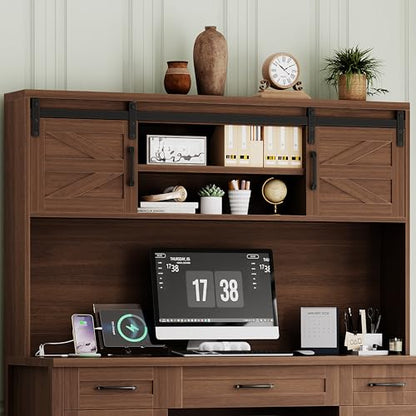 Farmhouse Executive Desk with Hutch and Charging Station, Walnut, view 6
